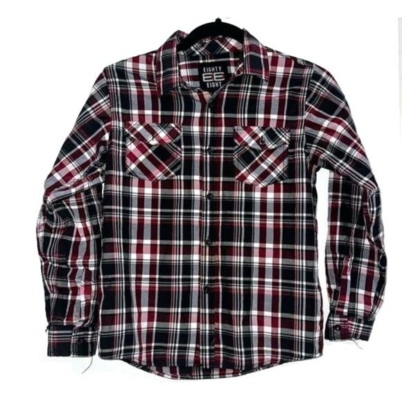 Eighty Eight Boys Plaid Long Sleeve Shirt Size 10/12 Red/Black Button-Up Casual - Picture 1 of 6